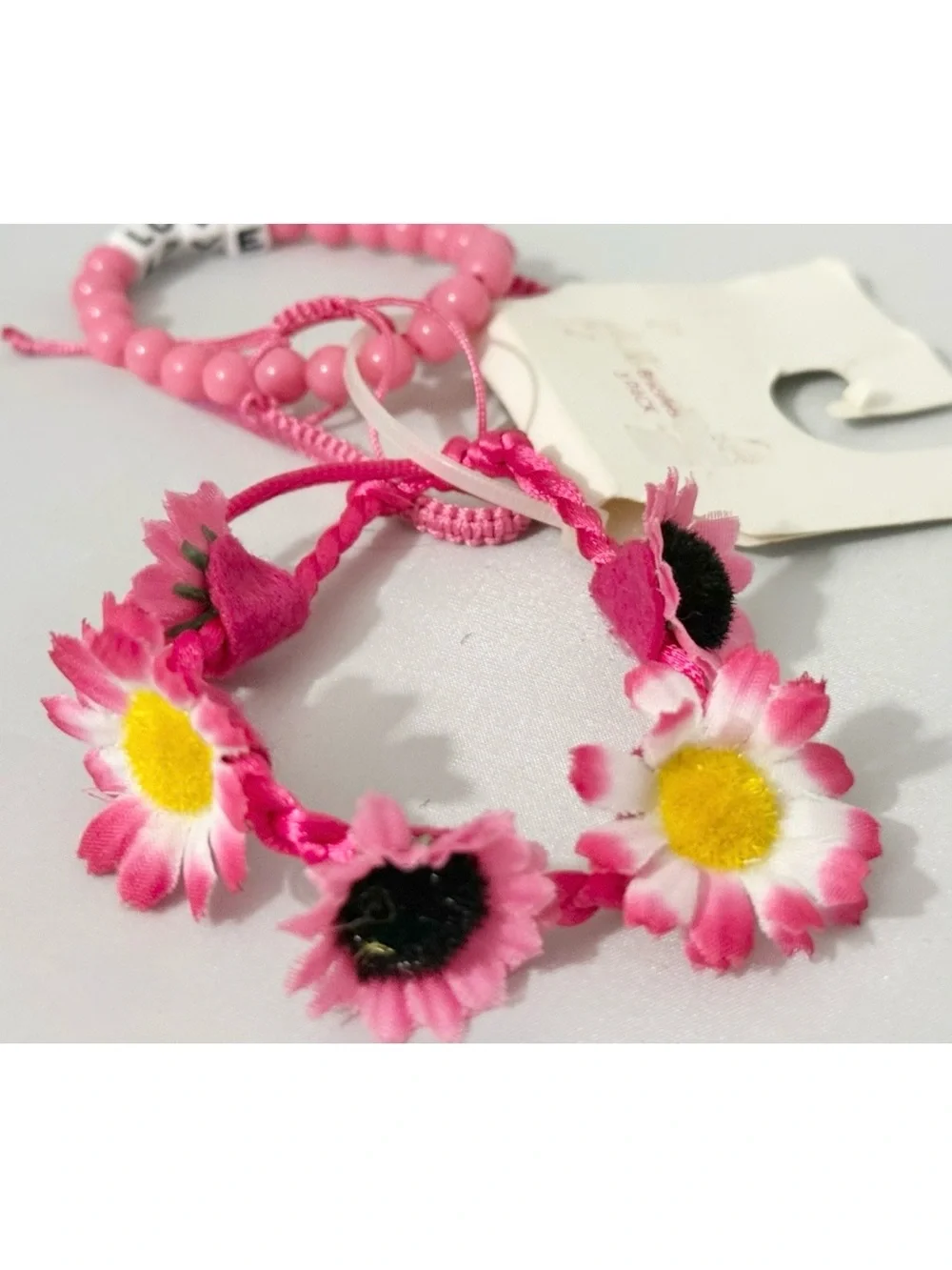 Set of 3 Bracelets Pink Floral, Bead with LOVE Charm & and Infinity Rope